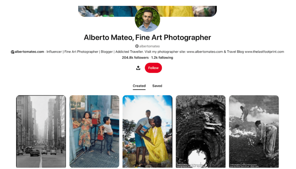 screenshot of alberto mateo pinterest account