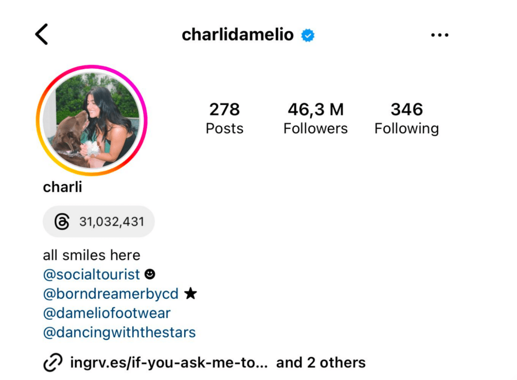 charli d'amelio instagram bio