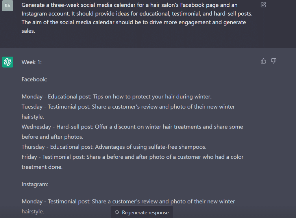 chatgpt social media calendar