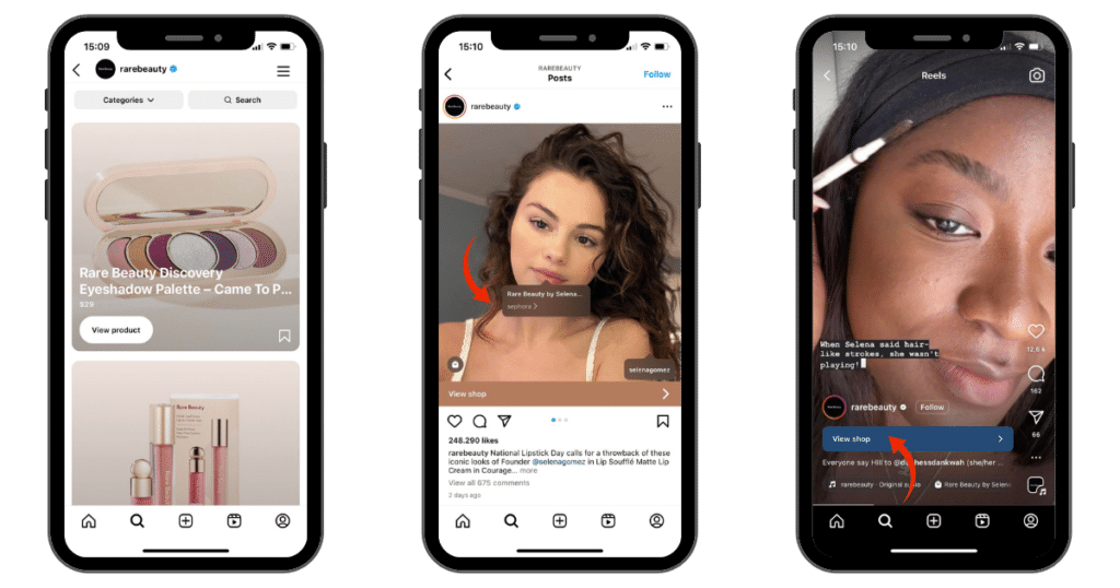 Collage of Rare Beauty Instagram posts that showcase Instagram's shopping features