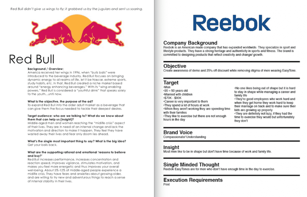 Red Bull and Reebok creative briefs