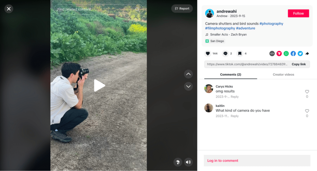 screenshot of tiktok account photographer