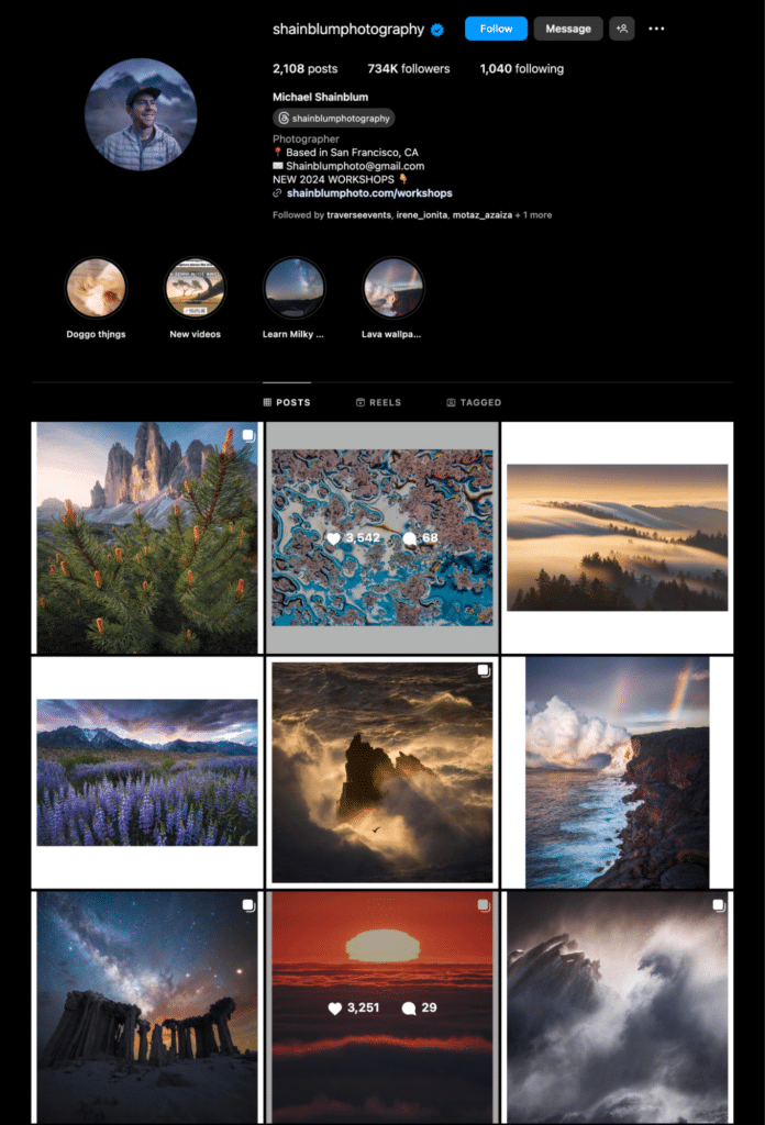screenshot of photographer instagram account