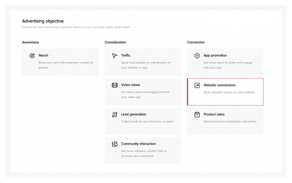 screenshot of tiktok advertising objective