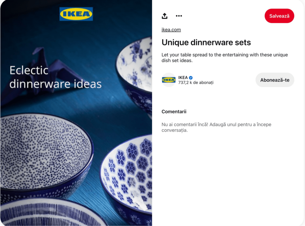 Screenshot of IKEA's Pinterest post showcasing blue tableware