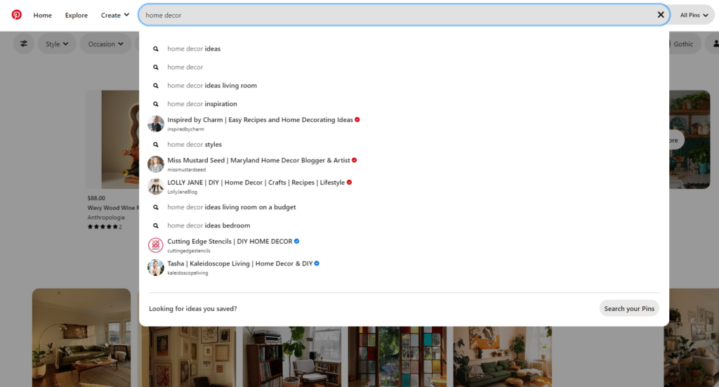Pinterest search engine and keyword recommendations for home decor