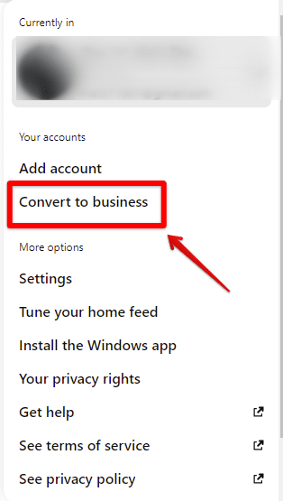 Pinterest's convert to a business account fetting