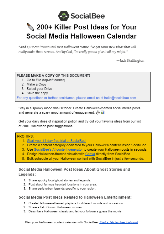 SocialBee resource with over 200 Halloween social media post ideas