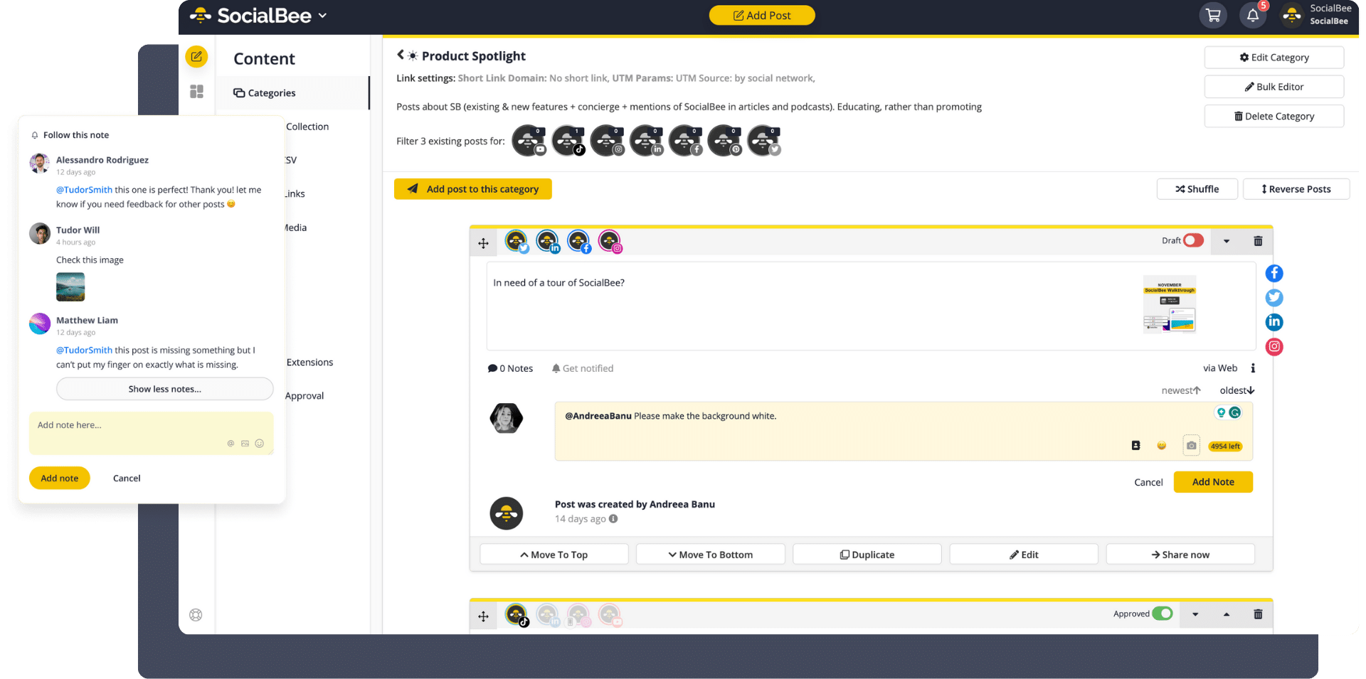 SocialBee team collaboration internal notes feature with user tags