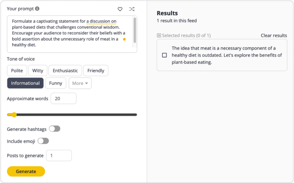 statement hook generated with SocialBee's AI