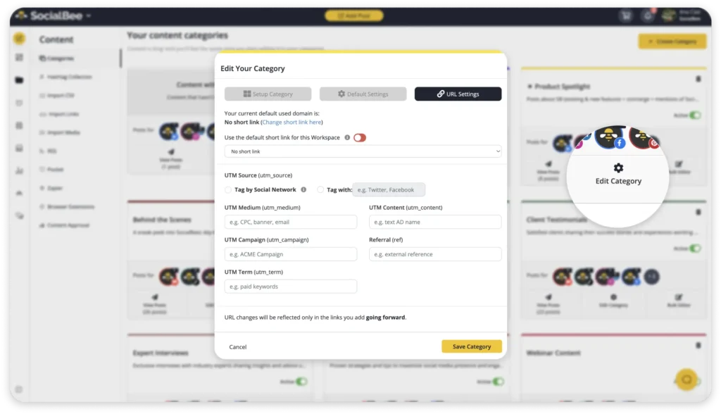 SocialBee content category settings