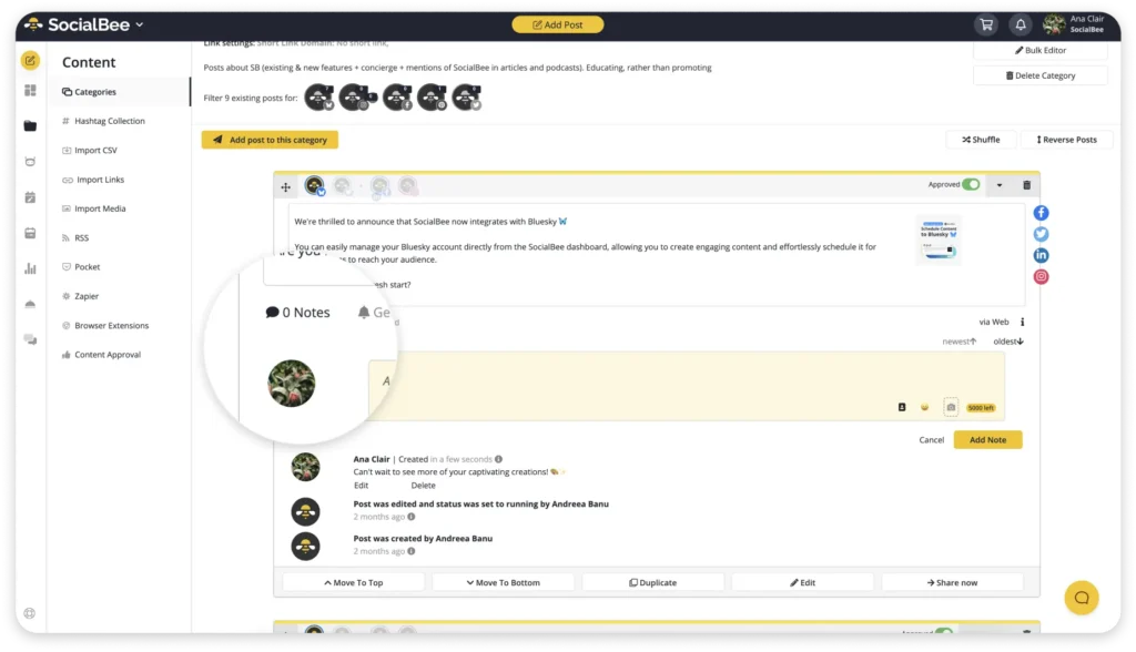 SocialBee internal notes feature